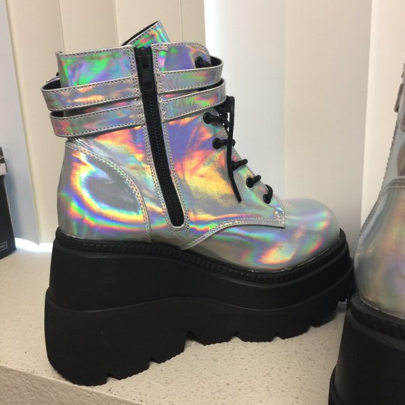 Demonia Silver Holographic Platform Boots - Picture 5 of 13